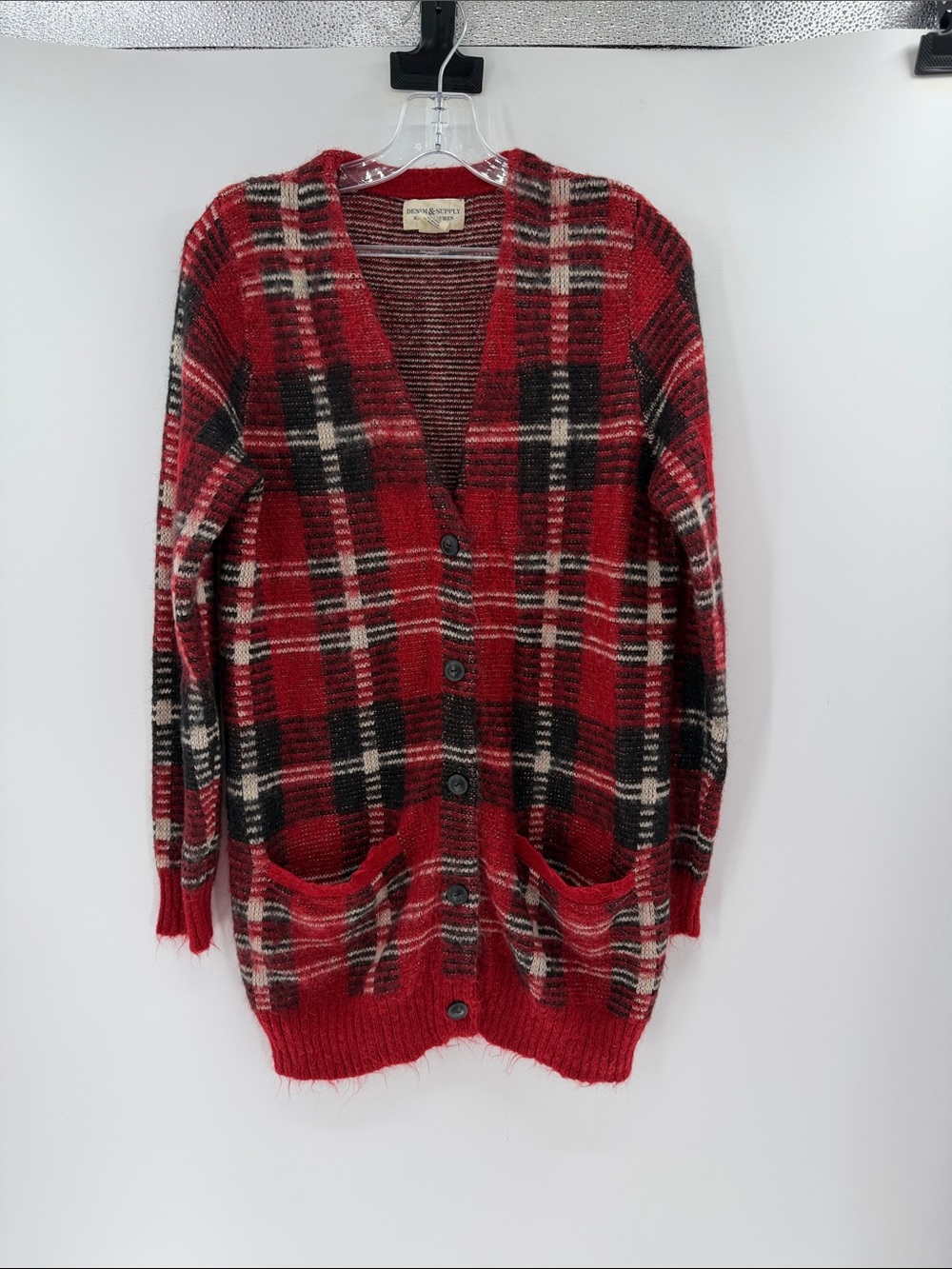 Denim & Supply Ralph Lauren Tartan Mohair/Wool Blend Cardigan - Red/Black - M